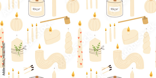 Various Candles. Different shapes and sizes. Pillar, jar candle, square, container candle, heart shaped. Decorative wax candles for relax and spa. Matches, candle snuffer. Seamless pattern