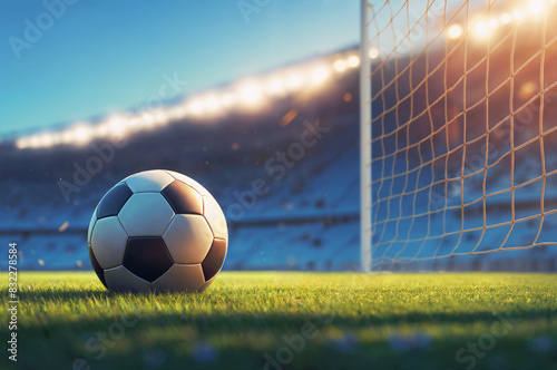 Soccer ball near the goals net on a grass field on the football stadium. Sports activity concept. For sports events  sport s camps  social media graphics  webs. Close-up view with copy space.