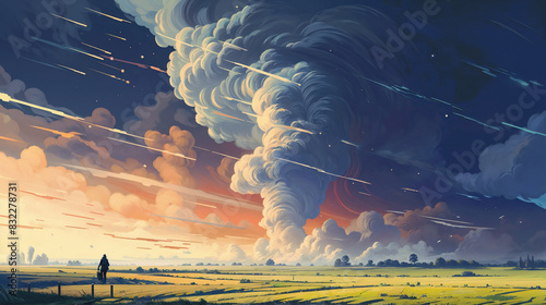 Wide landscape with towering clouds over a countryside at sunset. Design for poster, banner, wallpaper, header, book illustrations.