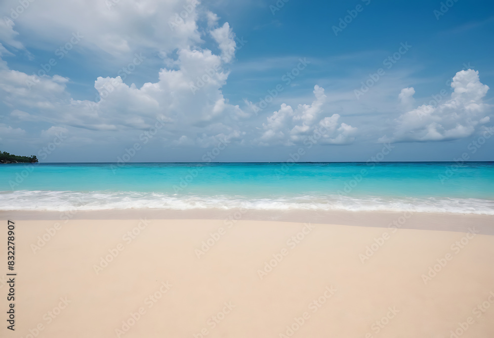 Idyllic tropical beach with white sand, calm turquoise water, and a small island in the distance under a blue sky with fluffy white clouds. Perfect for travel brochures, websites, or social media post Idyllic tropical beach with white sand, calm turquoise water, and a small island in the distance under a blue sky with fluffy white clouds. Perfect for travel brochures, websites, or social media post