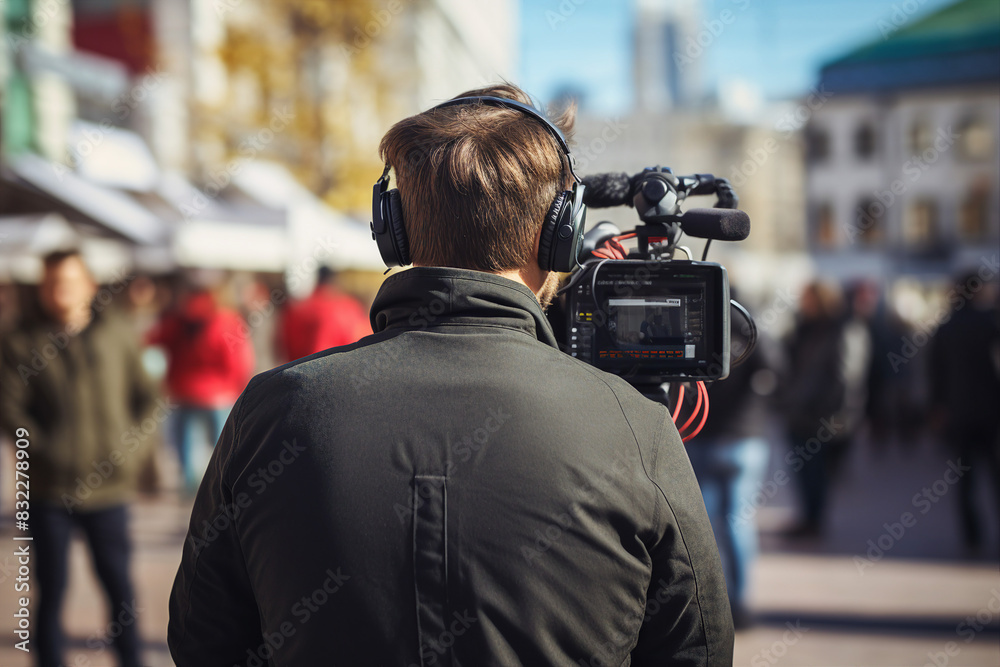 Generative AI illustration Professional reporter journalist in front of camera making live reportage Generative AI illustration Professional reporter journalist in front of camera making live reportage