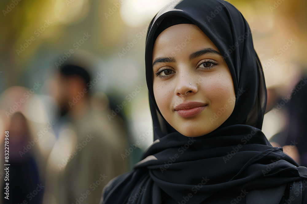 Generative AI illustration of charming abaric woman in hijab headscarf, religious woman in modern world Generative AI illustration of charming abaric woman in hijab headscarf, religious woman in modern world