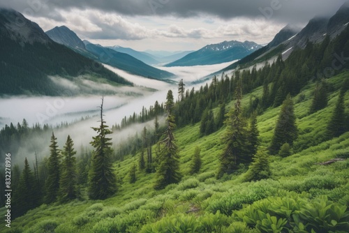 Misty Day in Bitterroot Range with Lush Spring Greenery photo