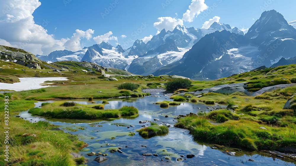 majestic mountain range with snow - capped peaks and alpine meadows under a clear blue sky with a single white cloud majestic mountain range with snow - capped peaks and alpine meadows under a clear blue sky with a single white cloud
