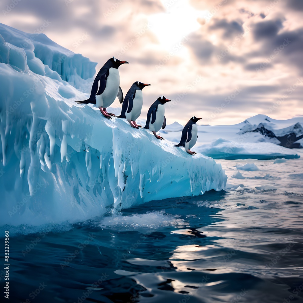 Obraz premium Flipped Wonderland: Penguins Marching on a Blue Iceberg