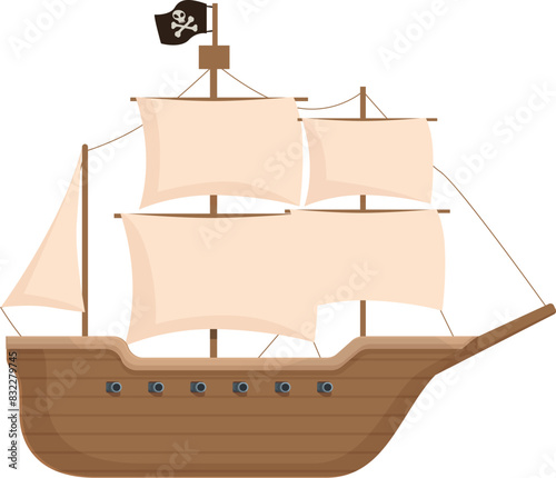 Cartoon pirate ship illustration with flat design and vector graphic, featuring a playful and kidfriendly depiction of a wooden sailing vessel, complete with mast, sails, and rigging