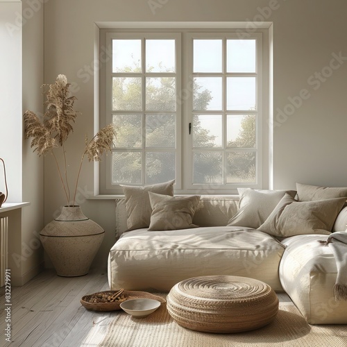 Bohemian Home Decor: Modern Living Room Design Featuring Beige Fabric Sofa Adjacent to Window for Cozy and Chic Ambiance