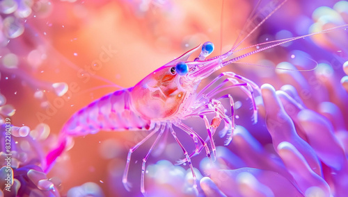 A live shrimp at the bottom of the sea. Bright neon lights photo