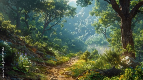 A dense  ancient forest with towering trees and a winding path leading into the unknown. The illustration emphasizes the rugged terrain and vast wilderness  inviting viewers to embark on an