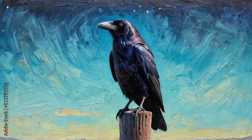 Raven on a Wooden Post Against a Blue Sky