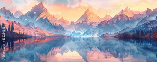 A tranquil lake surrounded by towering, jagged peaks, bathed in the soft glow of dawn. The minimalist illustration style highlights the dramatic scenery and majestic mountains, perfect for themes of photo