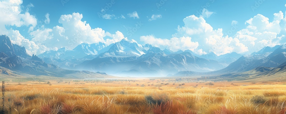 A panoramic view of a vast, untouched wilderness with rolling hills and distant mountains. The minimalist digital artwork emphasizes the dramatic scenery and epic adventures, capturing the essence of A panoramic view of a vast, untouched wilderness with rolling hills and distant mountains. The minimalist digital artwork emphasizes the dramatic scenery and epic adventures, capturing the essence of