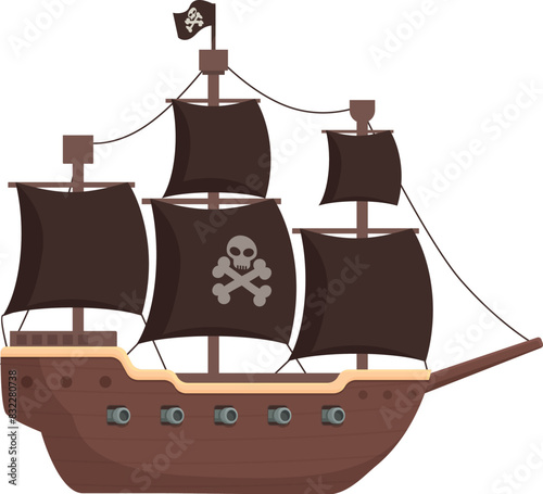 Illustrated cartoon pirate ship with black sails and jolly roger flag, vector graphics, nautical maritime vessel adventure on the sea, playful and fun childhood storybook character design for kids