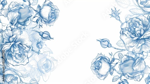 Blue Floral Border Illustration, Generative AI photo