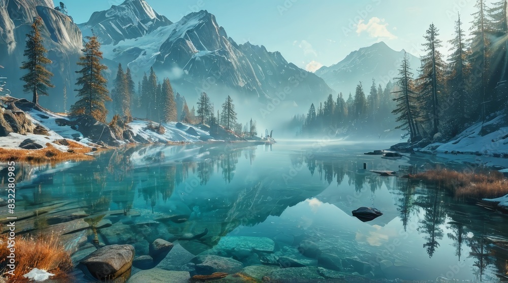 Serene Mountain Lake with Snow Capped Peaks and Crystal Clear Water