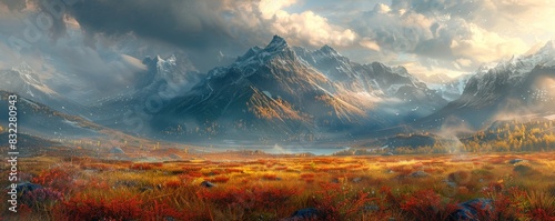 A vast, open plain with dramatic, stormy skies and distant, rugged mountains. The digital artwork captures the epic adventures and vast wilderness, highlighting the simplicity and raw beauty of the