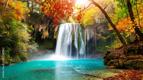 majestic waterfall surrounded by lush greenery and colorful autumn foliage, with a brown tree in the foreground