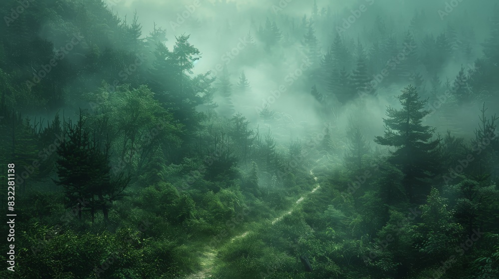 A dense, misty forest with a hidden path leading deeper into the wilderness. The minimalist artwork captures the essence of wild nature and epic expeditions, emphasizing the dramatic scenery and A dense, misty forest with a hidden path leading deeper into the wilderness. The minimalist artwork captures the essence of wild nature and epic expeditions, emphasizing the dramatic scenery and