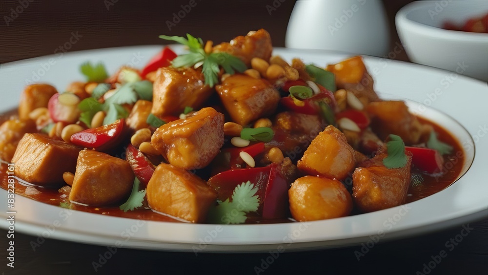 Stir-fried chicken with bell peppers and pine nuts, served on a white plate. The dish is garnished with fresh herbs and features a savory sauce