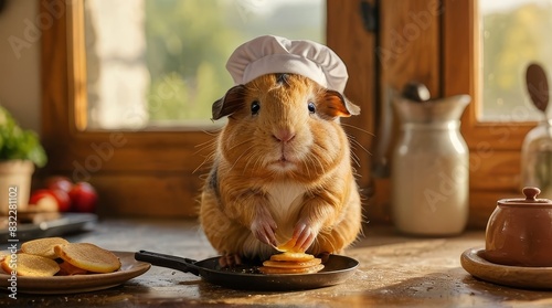 Funny Guinea Pig Chef Cooking Pancakes photo