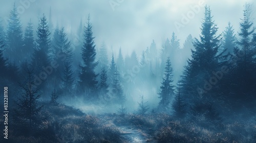A dense, misty forest with a hidden path leading deeper into the wilderness. The minimalist artwork captures the essence of wild nature and epic expeditions, emphasizing the dramatic scenery and