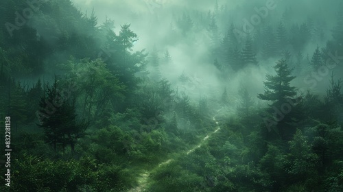 A dense, misty forest with a hidden path leading deeper into the wilderness. The minimalist artwork captures the essence of wild nature and epic expeditions, emphasizing the dramatic scenery and photo