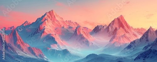 An expansive mountain range with jagged peaks reaching towards a pastel-colored sky, capturing the essence of epic adventures in a minimalist, digital illustration style. The rugged terrain and