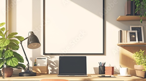 A vertical picture frame was hanging on the wall of an office in a mockup style with no text or images. A desk and laptop were in front of it, and a window to one side had natural light streaming photo