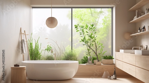 3D rendering of a bright bathroom with a wooden floor  white wall and bathtub. Japandi style decoration with plants  a neutral color palette and wood accessories. A large window for natural light.