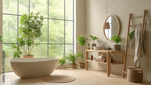 A modern bathroom with wooden floors  white walls and large windows  featuring an oval freestanding bathtub on the left side of the room. A small plant stand is placed near it  while two mirrors hang