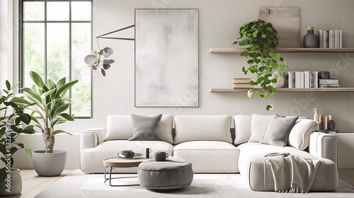 A living room with modern furniture, plants and decorations. The sofa is white with grey cushions. There's an abstract painting on the wall above it. On one side of the shelf there s some books. In photo