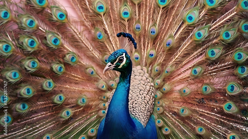 Fototapeta premium peacock with bright blue and green feathers is standing in front of a white stone wall with a colorful floral pattern.
