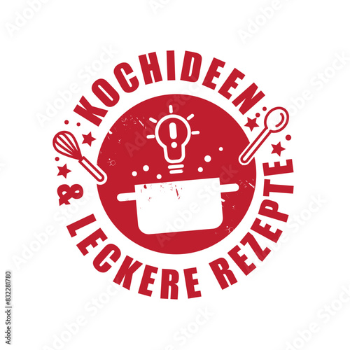 Kochideen und leckere Rezepte - runder Stempel - deutscher Text - rot