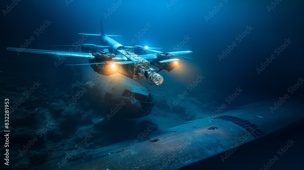 A submersible drone equipped with advanced lighting and scanning technology, exploring a sunken airplane and providing 3D mapping of the site. A submersible drone equipped with advanced lighting and scanning technology, exploring a sunken airplane and providing 3D mapping of the site.