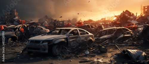 Modern damaged cars junkyard Wrecked cars after accident, graveyard Smashed, crushed transport photo