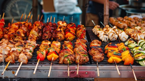 A colorful market stall displaying various types of grilled chicken skewers, ready for customers to enjoy