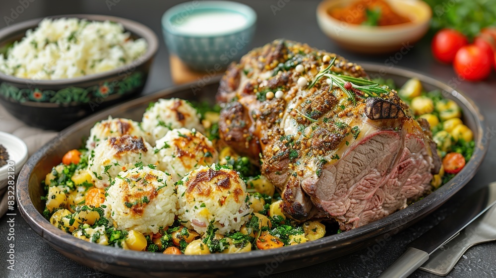 Eid Lamb Roast Close-Up., Eid feast, Islamic celebration, Family feast. Eid Lamb Roast Close-Up., Eid feast, Islamic celebration, Family feast.