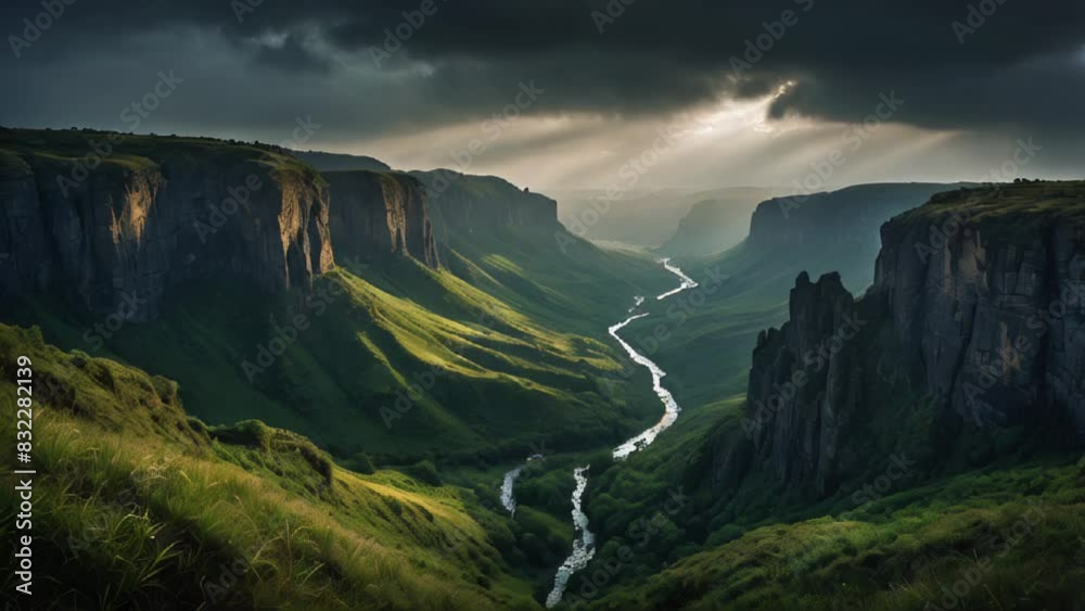 A mountain range with a river running through it and light breaking through the clouds