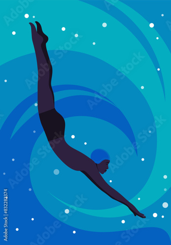 An African man in the swimming pool. Jumping into the water and swimming in the pool. Water sports. Vector flat illustration