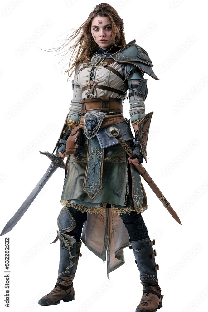 A cosplayer strikes a powerful pose, showcasing her fantasy RPG outfit: a short skirt, tights, high heels, and a gleaming sword isolated on transparent background A cosplayer strikes a powerful pose, showcasing her fantasy RPG outfit: a short skirt, tights, high heels, and a gleaming sword isolated on transparent background
