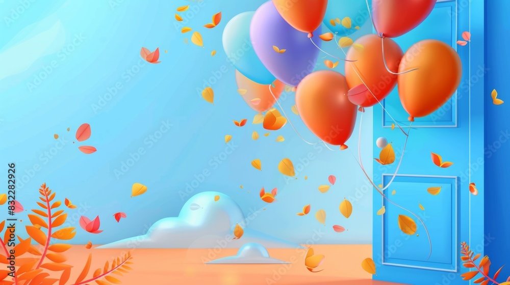 3D render of colorful balloons floating through blue door. 3d. Illustrations 3D render of colorful balloons floating through blue door. 3d. Illustrations
