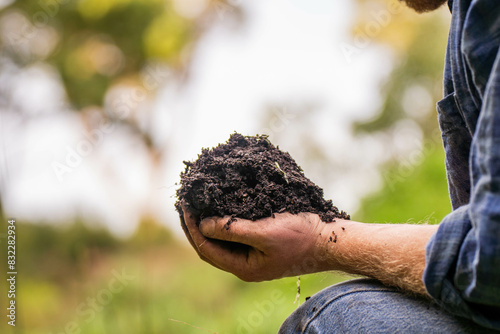 Obraz na płótnie Holding soil in a hand, feeling compost in a field in Tasmania Australia. w salonie