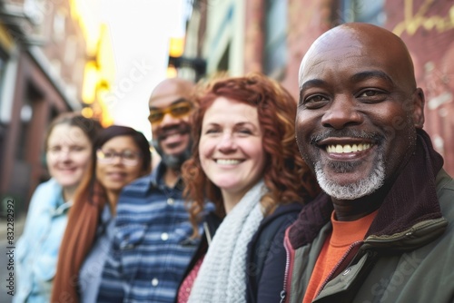 Portrait of group of diverse friends standing together in the street.