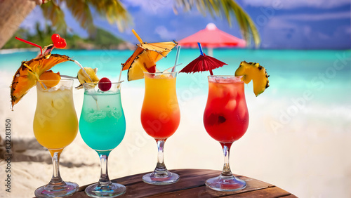 Close-up of colorful cocktails on tropical beach