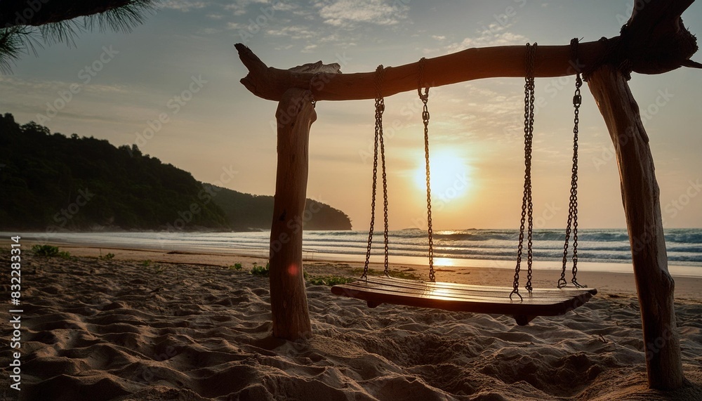 seaside swing with sunset on the beach