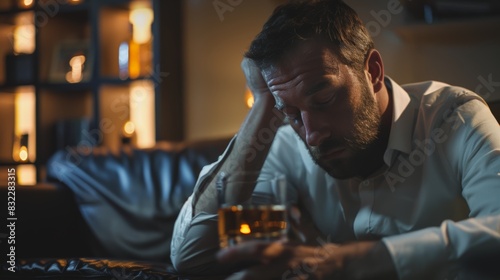 Depressed young man addicted feeling bad drinking whiskey alone at home, stressed frustrated lonely drinking alcohol suffers from problematic liquor, alcoholism, life and family problems photo