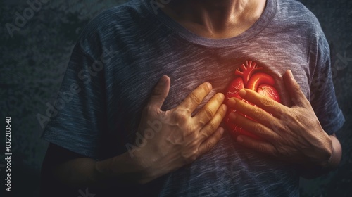 hand hold chest with heart attack symptoms, man have chest pain caused by heart disease, leak, dilatation, enlarged coronary heart, press on the chest with a painful expression photo