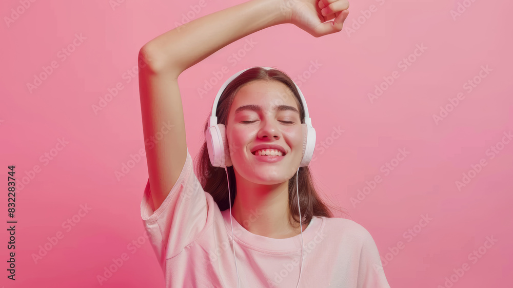 Joyful young women in wireless headphones and enjoy music, having fun, listening to music, raising his arm, dancing to favorite song, enjoying cool soundtrack, happy life Joyful young women in wireless headphones and enjoy music, having fun, listening to music, raising his arm, dancing to favorite song, enjoying cool soundtrack, happy life
