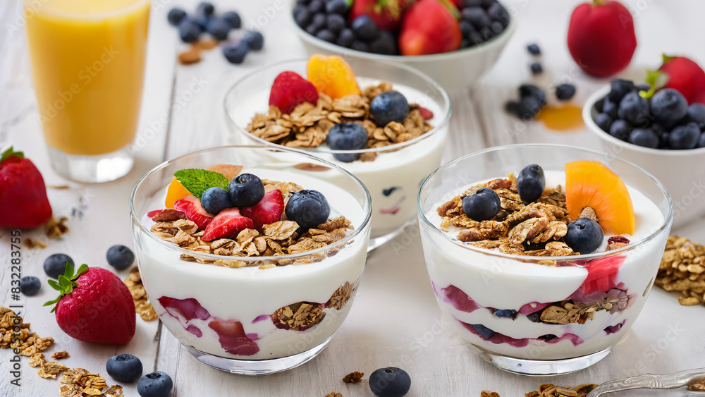 Healthy breakfast with fruits, yogurt, and granola Healthy breakfast with fruits, yogurt, and granola