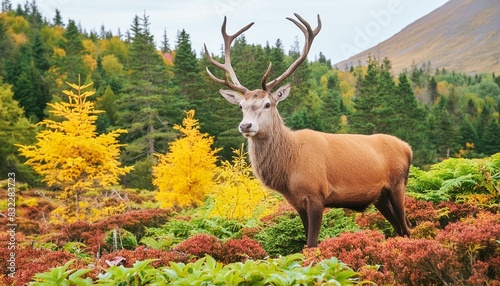 a deer standing in the middle of a forest filled with lots of green and yellow plants and trees in the background © Fletcher